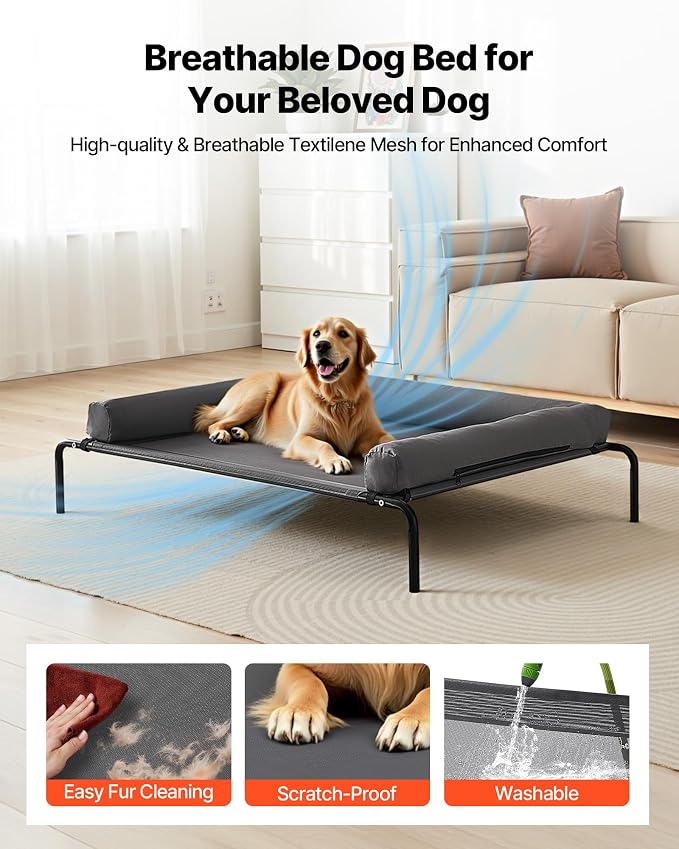 VEVOR Elevated Dog Bed for Large Dogs, Portable Raised Dog Cot with Washable Pillow, Indoor & Outdoor Pet Cooling Raised Hammock Bed with Steel Metal Frame and Breathable Teslin Mesh, XL, Gray
