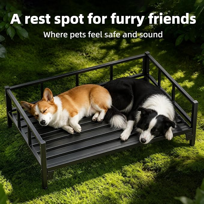 Indestructible Elevated Steel Dog Bed Frame 47"x 27"x 12" with Washable Cushion Mat, Raised Pet Cot Supports 220lbs Large Size Dog,Sturdy, Durable, No-Slip Feet, for Indoor & Outdoor,Matte Black