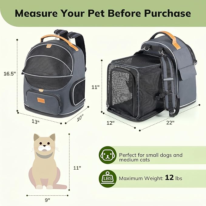 Morpilot Expandable Cat Carrier Backpack for Small Dogs & Cats Up to 12lbs, Breathable Mesh Pet Travel Backpack with Safety Leash, Foldable Airline Approved Carrier for Hiking Camping Outdoor, Grey