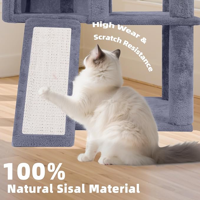 TWDEPART 55" All-in-One Cat Tree Tower with Scratching Board & Posts Cozy Sleeping Perch Hammock and Toy Balls,Grey