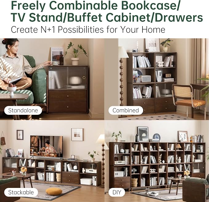 YESWOOD Modular Bookcase Storage Cubes, 100% Solid Rubberwood TV Stand Free Combination, Small Walnut Color Buffet Cabinet for Living Room Bedroom Study