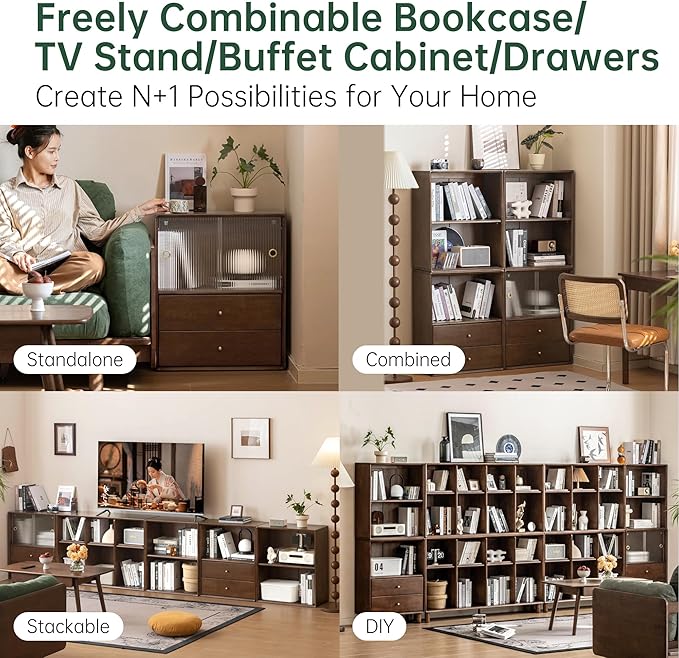 YESWOOD Modular Bookcase Storage Cubes, 100% Solid Rubberwood TV Stand Free Combination, Small Walnut Color Buffet Cabinet for Living Room Bedroom Study
