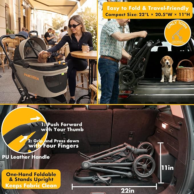 PAWZIDEA 4-in-1 Pet Stroller with Detachable Carrier, Escape-Proof No-Zip Canopy, Lightweight Foldable Dog Stroller for Small Medium Dogs & Cats, Portable Travel Crate & Car Seat Combo, Storage Basket