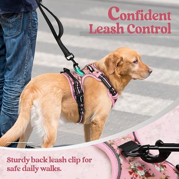 rabbitgoo Dog Harness, No Pull for Large Dogs with 2 Leash Clips, Pet Vest | No Choke with Handle, Adjustable Soft Padded, Reflective, Easy Control for Walking, Pink Rose, Large