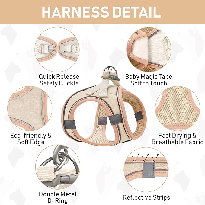 GAMUDA Small Pet Harness Collar and Leash Set, Step in No Chock No Pull Linen Fabric Soft Mesh Dog Vest Harnesses Reflective for Dogs Puppy Cats Kitten Rabbit (Khaki, L)