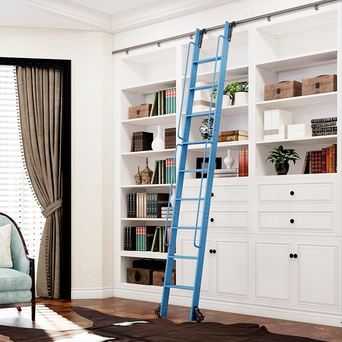 DIYHD 108" Rolling Library Ladder with Handrail, 4FT Sliding Rail, Blue | 9-Step lightweight ladder with space-saving upright storage, Telescopic top hooks, Locking bottom rollers, 300lbs capacity