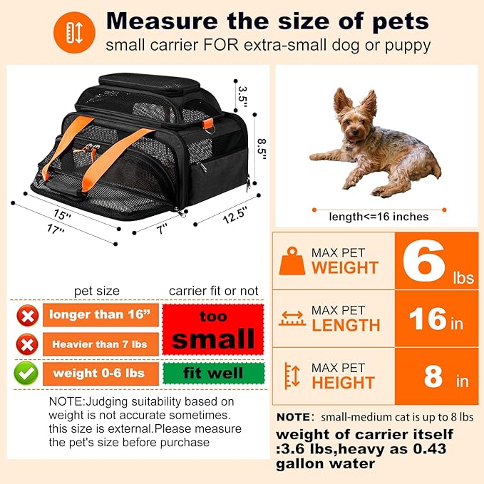 pidipiti 17x12.5x8.5 TSA Approved Expandable pet Carrier for Extra-Small Dog Under 6 lbs,Small-Medium cat Under 8 lbs,for jetblue and Other Airlines only Have 8.5'' Height Space underseat