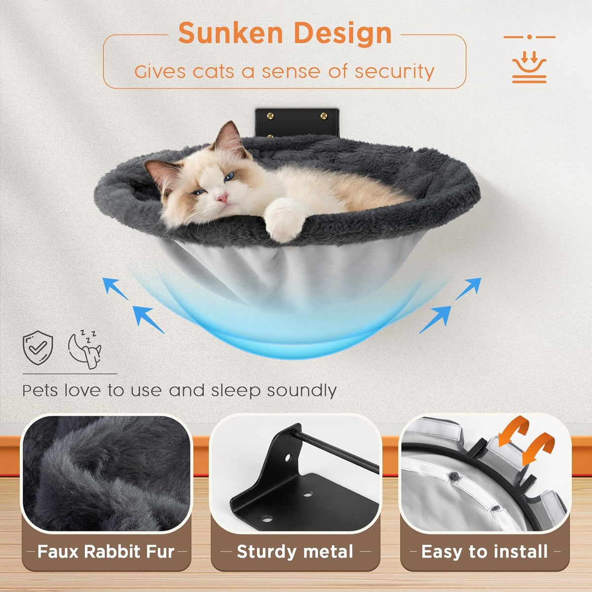 Cat Hammock Wall Mounted, Foldable & Stable Cat Beds- Breathable Cats Wall Shelves for Sleeping, Playing, Climbing, and Lounging - Maximum Hold Up to 30lb（Gray,Faux Rabbit Fur）
