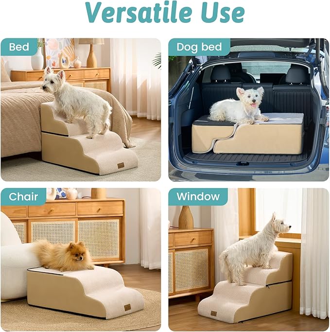 Detachable Dog Stairs for Small Dog, 4 Step Curved Dogs Step for Puppy or Older Cat, Ramp for Bed, Sofa, Couch or Chair, Ladder with High Density Foam, 15.7x28.3x19.7 inch, Beige