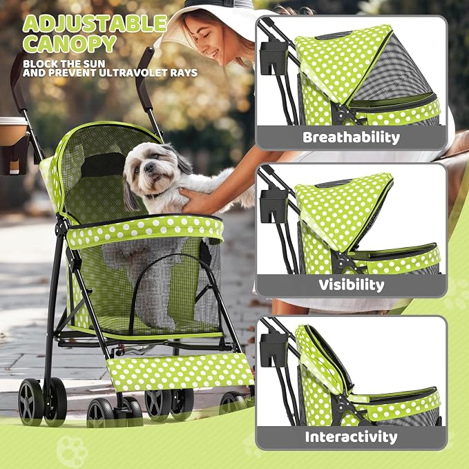 Magshion Compact Pet Stroller for Small-Medium Dogs/Cats up to 22lbs, 4-Wheel Lightweight Umbrella Shaped Portable Puppy Travel Jogger with Breathable Mesh, Cup Holder & Rear Storage, Lawn Green