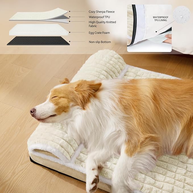 Orthopedic Large Dog Bed Pillow Pet Sofa Bed 36''X24'' Ivory | Egg-Crate Foam Pet Couch Large Sized Dog, Waterproof Removable Washable Cover,Furry Puppy Crate Mat With Nonskid Bottom