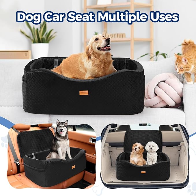 Large Dog Car Seat for Medium Sized, Dog Booster Car Seat, Pet Booster Seats up to 55lbs or 2 Small with 4" Memory Foam for Back Seat, Triple Safety Belts, Storage Pockets, Detachable/Washable