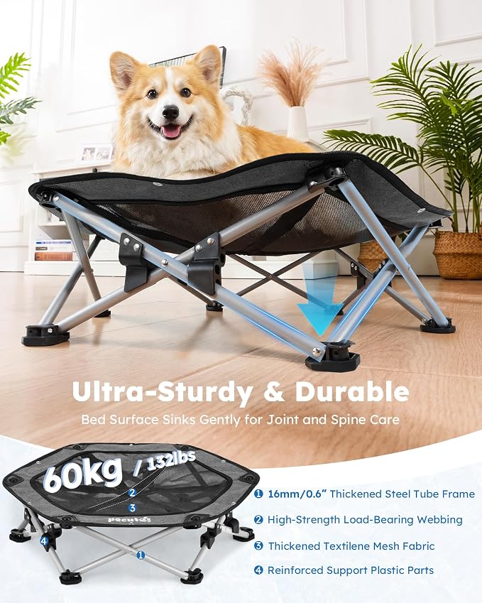 Pecute Raised Dog Bed with Cooling Mat, Elevated Pet Cot for Medium Dogs, L | Breathable Textilene Mesh, Outdoor Camping & Beach, Steel Frame,130 lbs Heavy Duty Support, Tool-free 3-second Quick Assembly