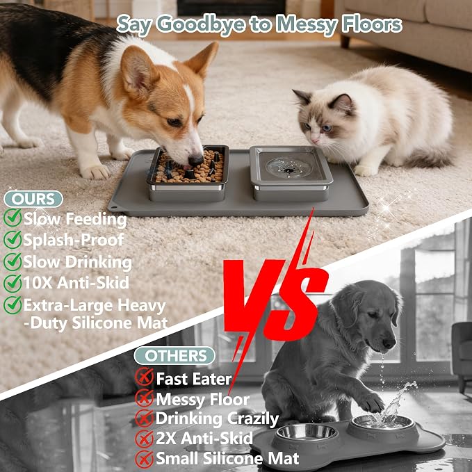 Dog Bowl Set, No Spill Dog Water and Food Bowl with Slow Feeder | Large Capacity 304 Stainless Steel Bowls, 3-In-1 Set, Slow Drinking, Anti-Slip Mat, Easy to Clean, Home/Travel, 6-7 Cups