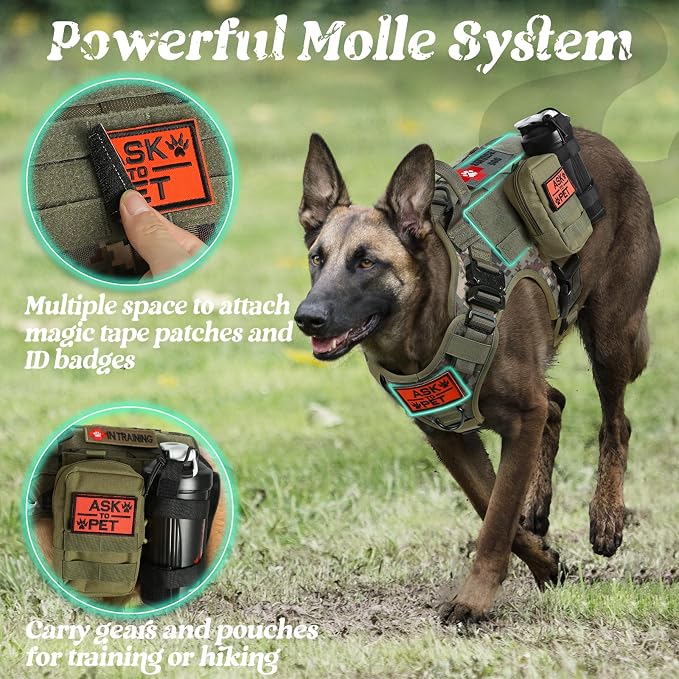 rabbitgoo Tactical Dog Harness for Medium, Heavy Duty Military No Pull Vest | Sturdy Metal Buckles, 5 Adjustments, Molle System, Powerful Pullers for Training, Hunting, Outdoor, Green Camo, Medium