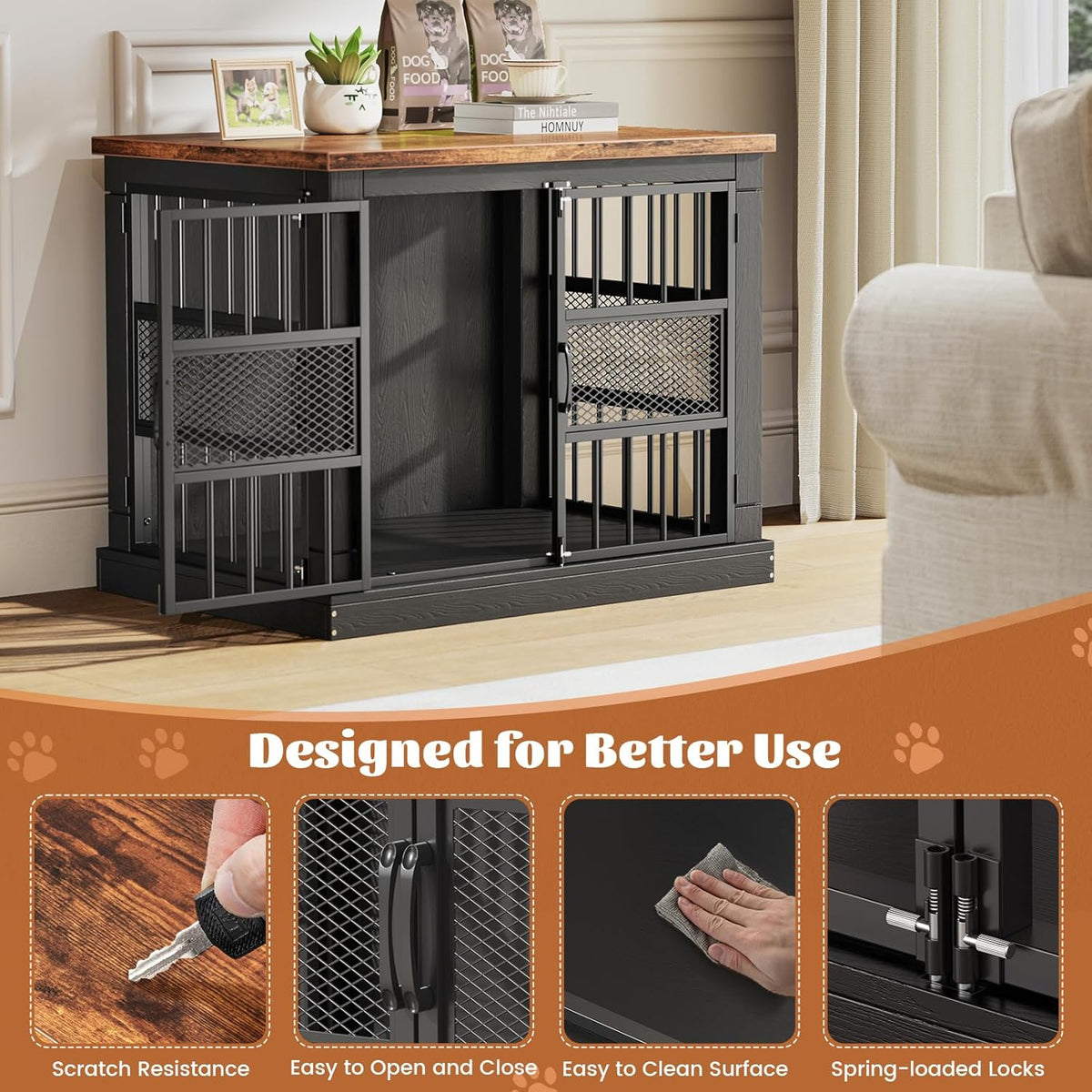 VOPEAK 27.5" Dog Crate Furniture, Chew Resistant Dog Crate for Small Dogs Puppy, Heavy Duty Dog Crates Dog Kennel Cage Indoor with Double Doors, Wooden End Table for Bedroom Living Room, Black