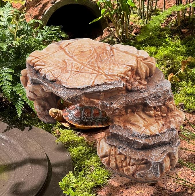 kathson Turtle Basking Platform Resin Bearded Dragon Hides and Caves with Ramp Reptile Resting Terrace Turtle Tank Decorations for Frogs,Tortoise,Lizard,Leopard,Crested Gecko