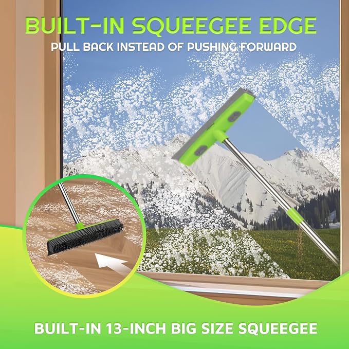 Rubber Broom for Pet Hair —Gets What Your Vacuum Misses,Non-Scratch Carpet Rake 24 "-61 "Adjustable Handle,4-in-1 (Squeegee+Pet Brush+2 Microfiber Cloth),Stairs,Corners, Rugs,Hardwood Green