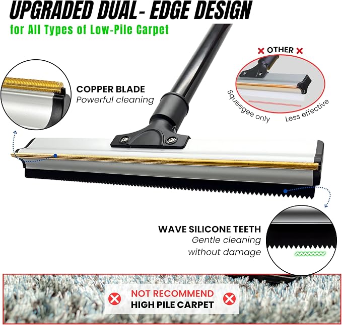 Carpet Rake Kit for Pet Hair Removal & Fluffing Matted Carpet – 61" Adjustable Handle, Deep Clean Dog & Cat Hair Remover, Reusable Scraper for Rugs, Low Pile Carpet, Couch Stairs & Car