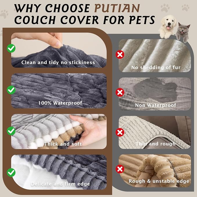 PuTian 100% Waterproof Fuzzy Couch Cover for Dogs Dark Grey 27.6"x27.6" | Pet Friendly Dog Mat for Couch, Waterproof Sofa Protector, Scratch Resistant Furniture Cover for Dogs, Machine Washable