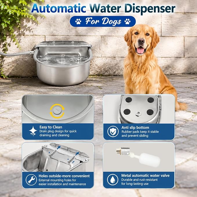 BWOGUE Automatic Water Dispenser for Dogs,1Gal Outdoor Automatic Water Bowl | Outdoor Dog Water Dispenser with Float Valve, Stainless Steel Bowl, 1/2 in & 3/4 in Faucet Fit, Wall/Ground Use,Dogs,Chickens