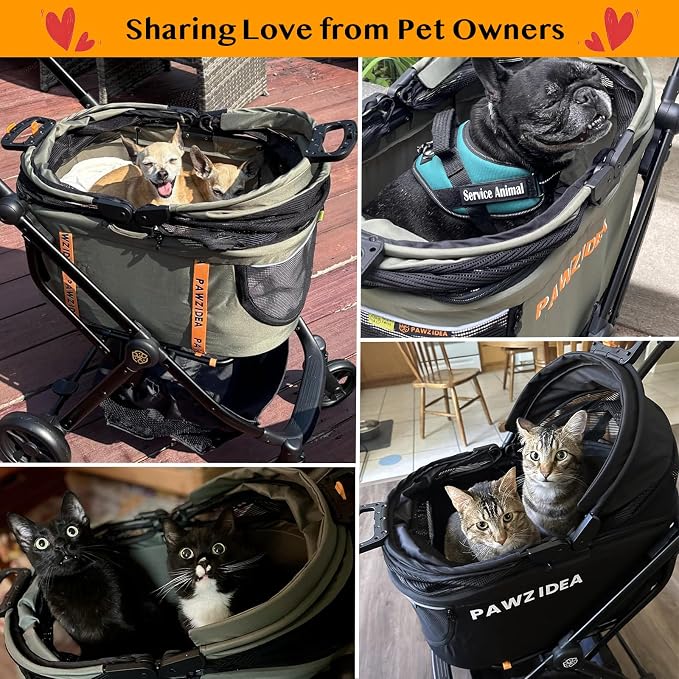 PAWZIDEA 4-in-1 Pet Stroller for Small Medium Dogs & Cats, Foldable Dog Stroller with Detachable Carrier, Escape-Proof No-Zip Canopy, Lightweight Portable Travel Crate & Car Seat Combo, Storage Basket