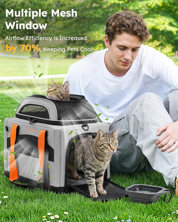 Pecute Top Expandable Cat Carrier Sturdy Pet Bag with 5mm Anti-Collapse Steel Frame, Soft Dog Carrier for Car Travel Vet Visits Outdoor Hammock,Foldable Travel Crate with Leakproof Pee Pad & Bowl,Gray