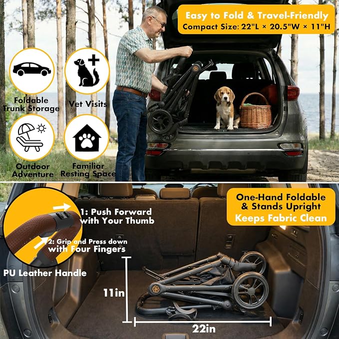 PAWZIDEA Pet Stroller 4 in 1, Foldable Cat Stroller with Detachable Carrier for Small Medium Dogs & Cats, Escape-Proof No-Zip Canopy, Lightweight Portable Travel Crate & Car Seat Combo, Storage Basket
