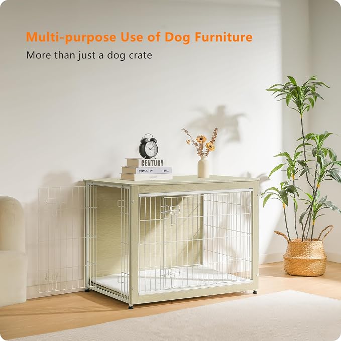 DWANTON Dog Crate Furniture with Cushion, Wooden Kennel Table with Double Doors, Indoor Dog House, Large Size, 38.5" L, White Oak
