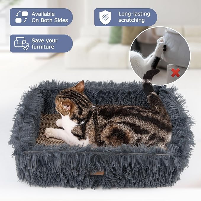 Cat Lounge Scratcher Box with Removable Cardboard (Dark Grey) | High-density Corrugated Cardboard with Double-sided Use, Soft Long Plush, Release Stress and Protect Furniture