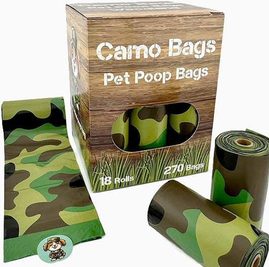 Camo Bags - Pet poop bags with a camouflage pattern. Poop bags rolls for dog walking, dog-parks, and the yard.
