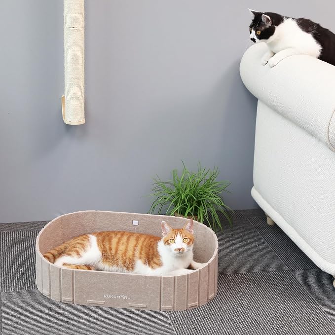 FUKUMARU Cat Scratcher, 24 Inch Sofa Shape Cat Scratching Bed Couch Indoor | Oval Felt Cat Scratcher Bed with Reversible Detachable Cat Scratching Boards, Round Cats Scratch Pads Refill, Beige