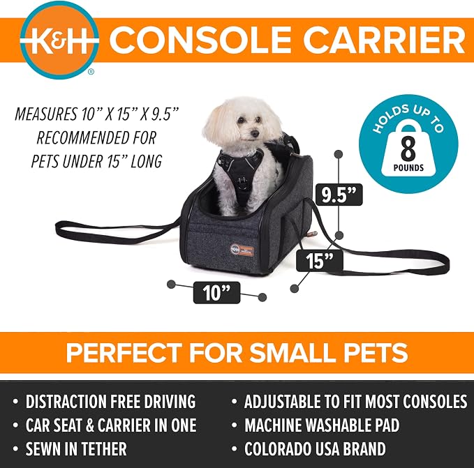 K&H Dog Car Seat, Portable Pet Center Console Seat, for Pets Under 8 lbs. | Secure Armrest Booster Cat Carrier with Safety Tether, Zippered Enclosure, 2 Pockets, Washable Plush Pad, 15x10x9.5, Charcoal