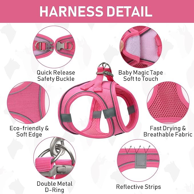 GAMUDA Small Pet Harness Collar and Leash Set, Step in No Chock No Pull Linen Fabric Soft Mesh Dog Vest Harnesses Reflective for Dogs Puppy Cats Kitten Rabbit (Pink, L)