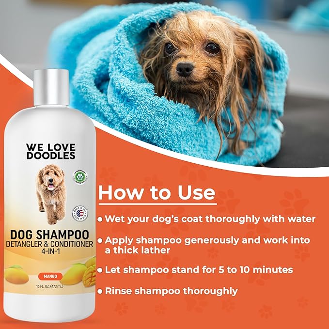 Dog Shampoo, Conditioner & Detangler - Best Shampoo for Goldendoodles, Poodles & Doodles Pet Hair - Hypoallergenic, Tearless, Sensitive Skin for Puppies & All Dog Breeds - Made in USA, 16OZ (Mango)