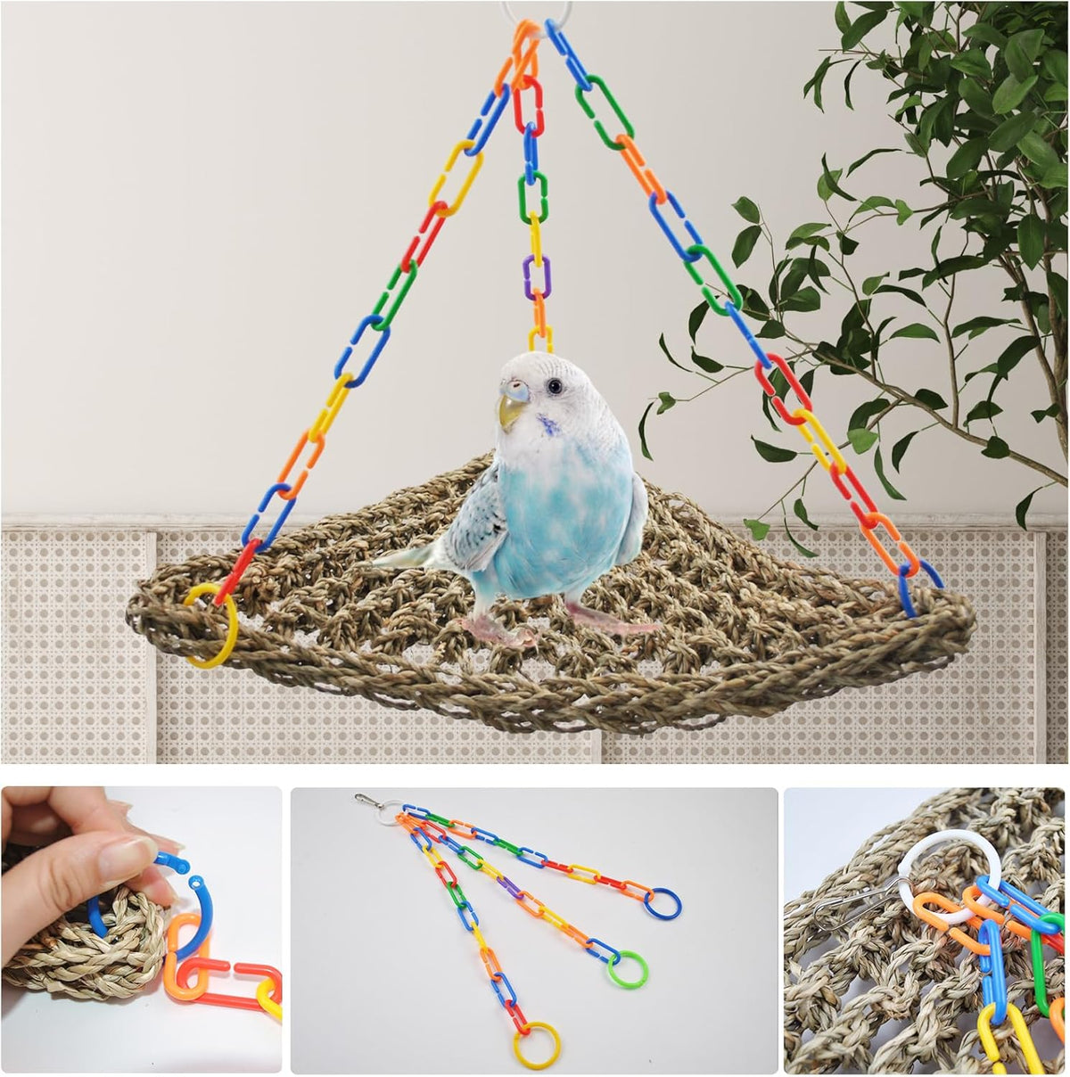 Bird Swing Toys,Parakeet Seagrass Mat,Edible Triangle Seagrass Hammock with Color Toys Handmade Woven Natural Grass Net Hanging on Parrot Cage for Budgies Lovebird Canary Cockatiel Finch Hamster