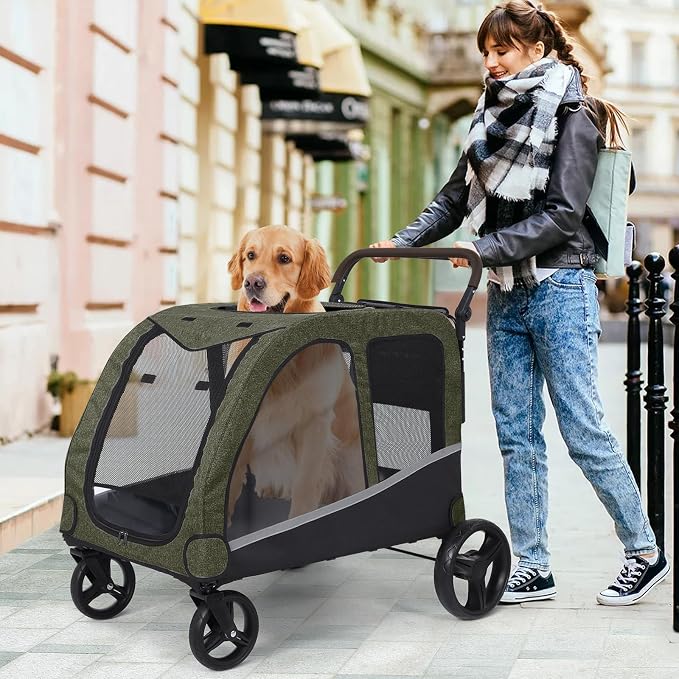 Dog Stroller for Large Dogs, Extra Large Pet Stroller for Medium Dogs, Dog Wagon Carriage, Foldable Design, Adjustable Handle, with Pocket, Up to 160 lbs, Green