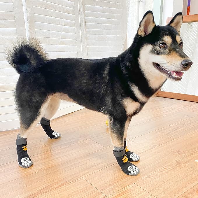 PUPTECK Anti-Slip Dog Socks with Double Sides Grips for Small Medium Large Dogs Hardwood Floors Prevents Licking, Dog Shoes for Hot Pavement Traction Control Paw Protector for Senior Dogs,Golden Paw S