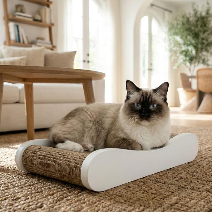Claw Surfer Cat Bed - Cat Scratcher Bed & Lounge – Heavy Duty High-Density Cardboard, Lasts 5X Longer. Modern Curved Scratching Pad with 20mm White Frame. Non-Toxic, No Mess, White
