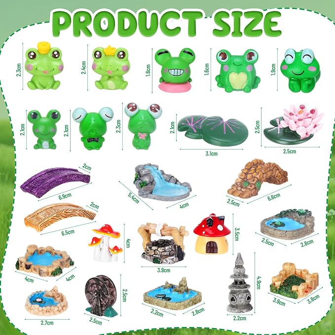 24 Pcs Mini Resin Frog Figures Miniature Fairy Garden Accessories Mushroom Pond Bridge Lighthouse Figures Water Well Fake Lawn Figurines Decoration for DIY Craft Plant Pot Garden Decor