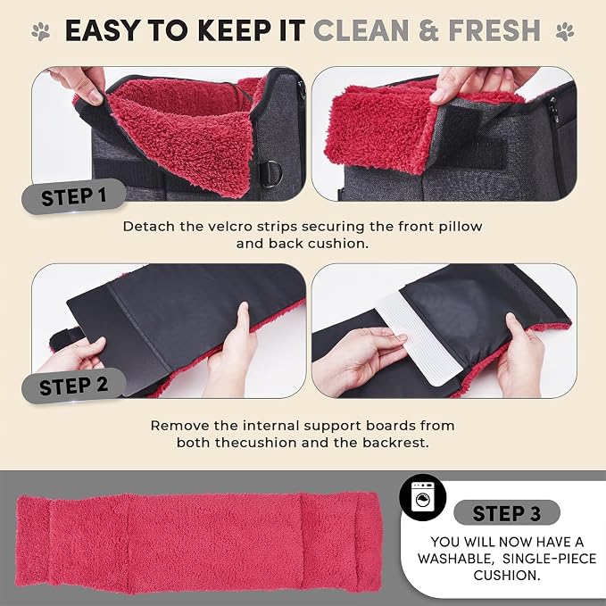 BurgeonNest Center Console Dog Car Seat for Small Pets to 11lbs, Red | Anti-collapse armrest Console seat with washable fluffy cushion, pillow & tether for stable, cozy pet travel trips.