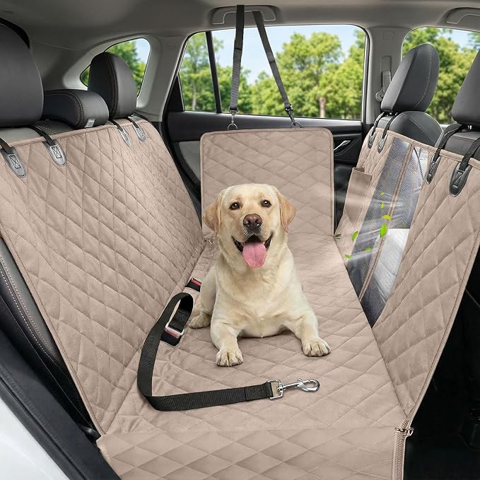 Dog Car Seat Cover, 600D Heavy Dute Car Seat Cover for Dogs Pets, 100% Waterproof Anti-Scratch Nonslip Dog Hammock for Cars, Seat Covers Protector with SeatBelt for Sedan SUV Truck Standard Khaki