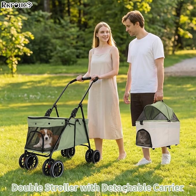 Foldable Double Pets Stroller for Dog Portable Cat Strollers for Small Medium Pet with One Detachable Carrier Flexible Lockable Wheels Lightweight Dogs Jogger (Green Beige)