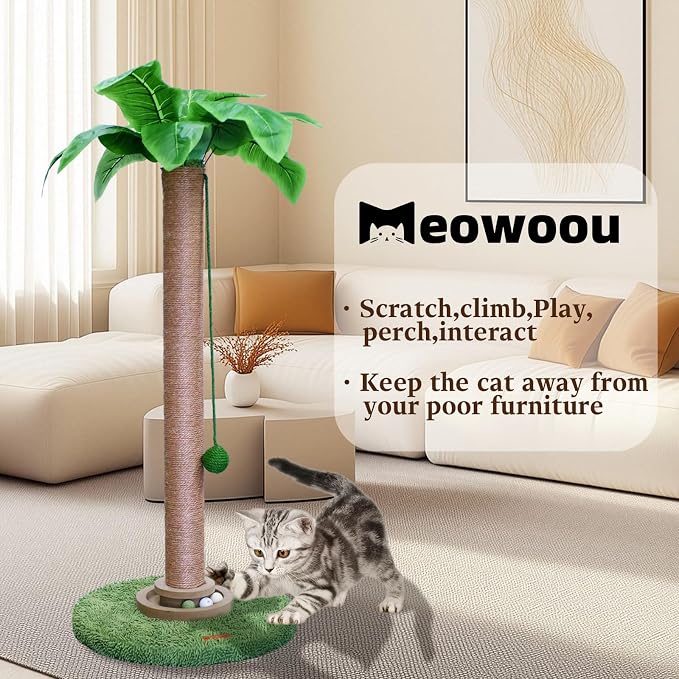Meowoou Sisal Pole Cat Scratching Post with Wooden Ball Tracker Toy & Interactive Hanging Ball, Natural Palm Leaf Top Cat Tree Tower, 33 inch Tall Round Plush Base Pad for Indoor Kitten Scratcher