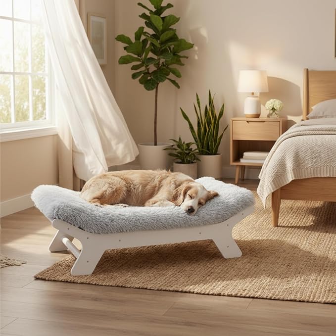 Elevated Wood Dog Bed Frame Mat Set, Whitecolor, Medium | Raised Sturdy Attractive Dog Sofa Couch Furniture,60 lb