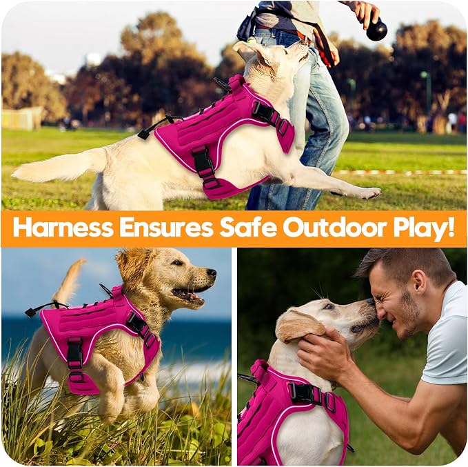 Heavy-Duty Tactical Dog Harness for Large Dogs, No Pull Adjustable Reflective Pet Vest with Molle System, K9 Military-Grade Control for Service Training, Outdoor & 10+ Breeds, Hot Pink, X-Large