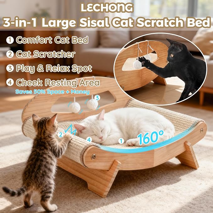 LECHONG 3-in-1 Large Sisal Cat Scratch Bed, Thicker Natural Sisal 22” Elevated Wooden Frame Hammock Lounge for Indoor Cats Sleep, Scratch & Play