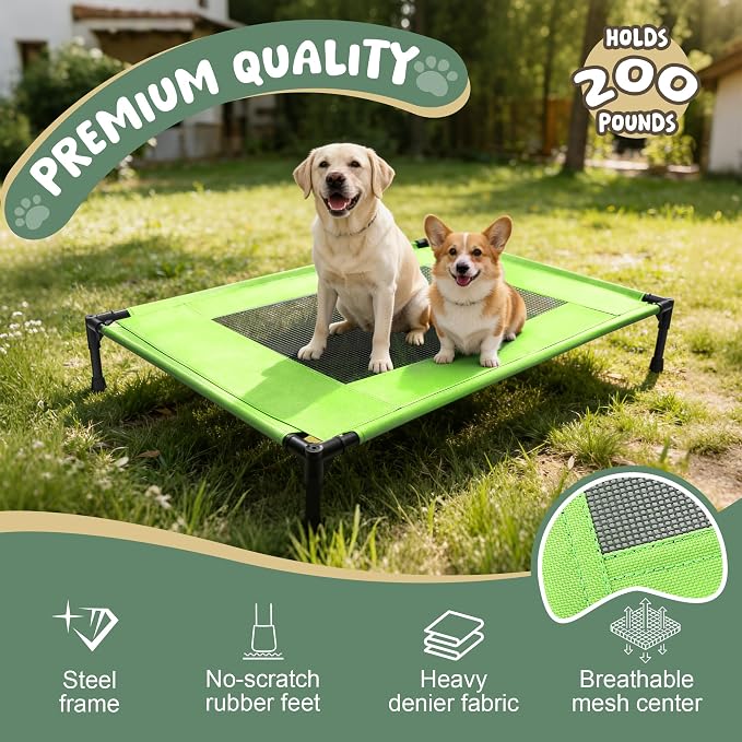 Elevated Dog Bed for Large Dogs - Outdoor Cooling Cot with Washable Breathable Mesh, Portable Raised Pet Bed with Non-Slip Feet & Waterproof Teslin, Heavy Duty & Chew Proof for Camping (Green, Medium)