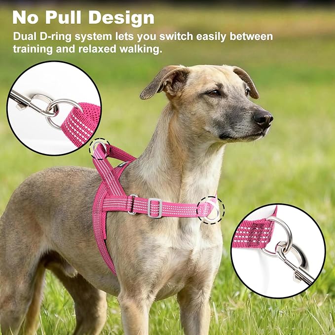 No Pull Dog Harness with Handle, Adjustable Soft Mesh Padded Vest | Reflective Walking Harness with Front Clip for Small Medium Large Dogs, Quick Fit No Escape for Training, Pink, L