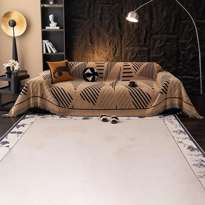 VClife Boho Couch Cover Washable Sectional Sofa Cover, Pet Couch Cover for Loveseat Versatile Coffee Black Geometry Sofa Throw Cover for L-Shape Sofa - Anti Slip Couch Sofa Cover for Dog 71"x118"